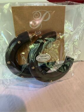 Plunder Dark Green Crescent Hoop Earrings with Gold Studs. With a free pair
